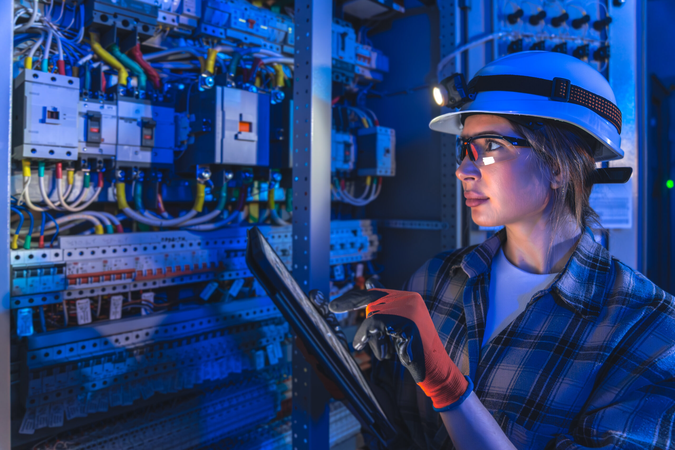 Wider view near an open panel, the specialist combines a pointing gesture with a live schematic on screen. Smart operations mood with predictive workflow, uptime focus, and stable power control.